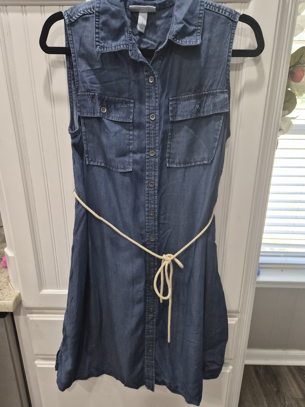 Liz Lange Maternity Sleeveless Denim Shirt Dress with Rope Belt - Blue